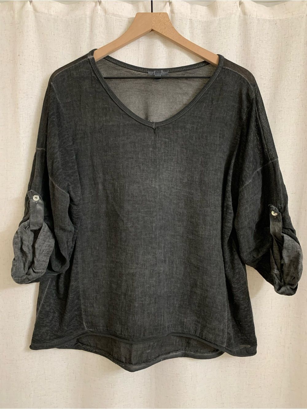 KAKTUS Italy 100% Linen Panel Washed Black V-Neck Top Lagenlook Large Roll Up - Picture 2 of 10